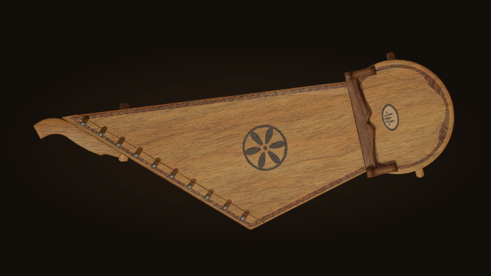 Spēlmaņi — playable Latvian folk instruments: a 12-string kokle rendered in warm wood