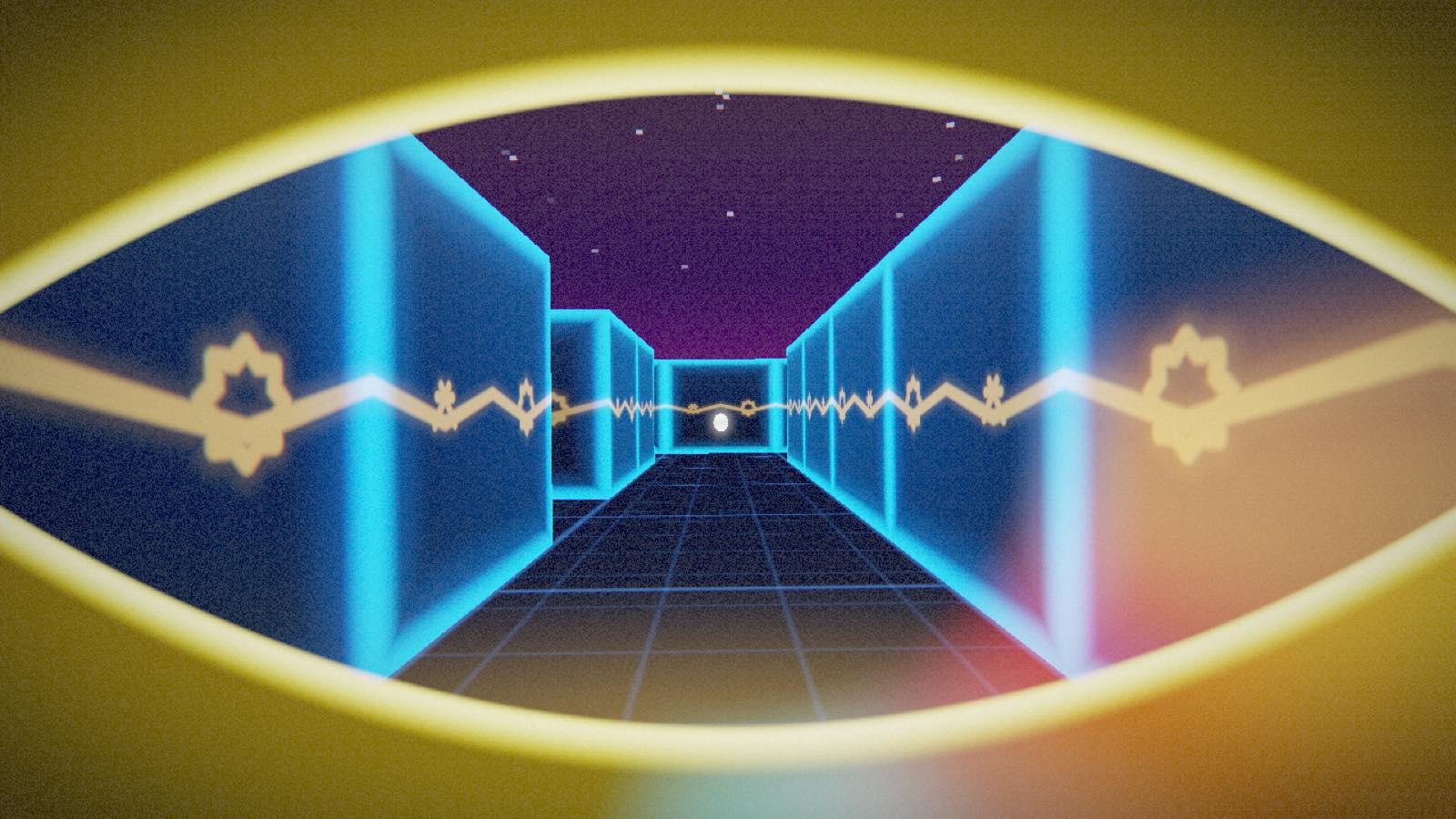 ZALKRUN — a neon blue corridor seen through glowing yellow jaws, a woven Latvian ornament band running along the walls