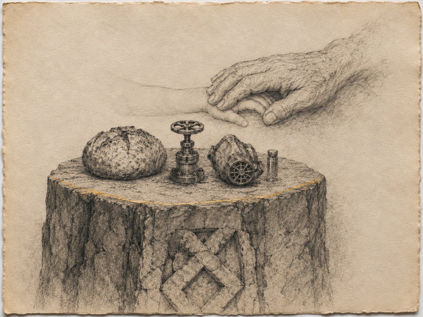 Sketch: bread, a steel valve and a small breathing mask in a row on the boundary stone; a child's hand reaching, an elder's hand gently staying it