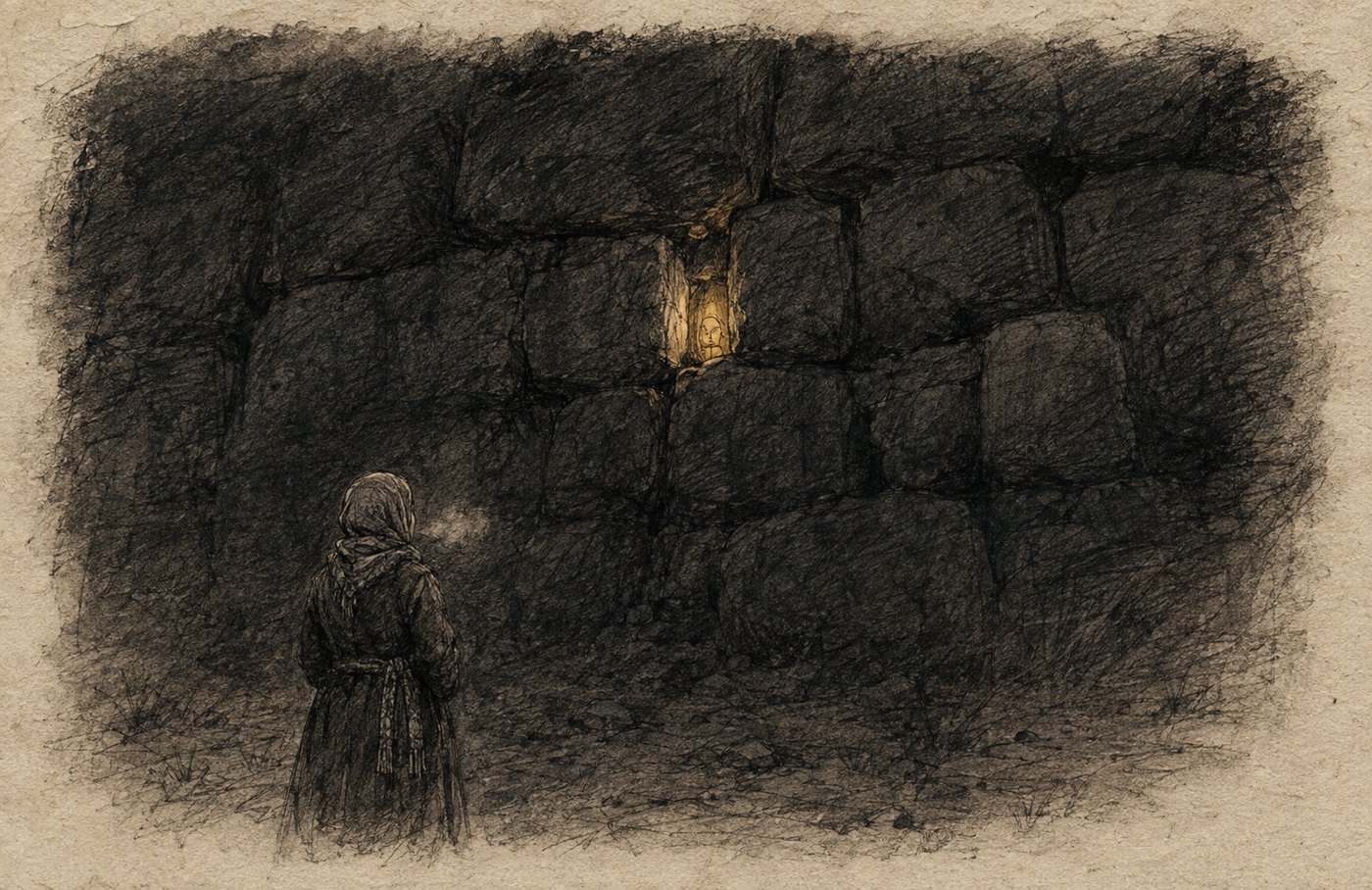 Sketch: the great wall at night, one gap glowing with lantern light, a lone singer standing below