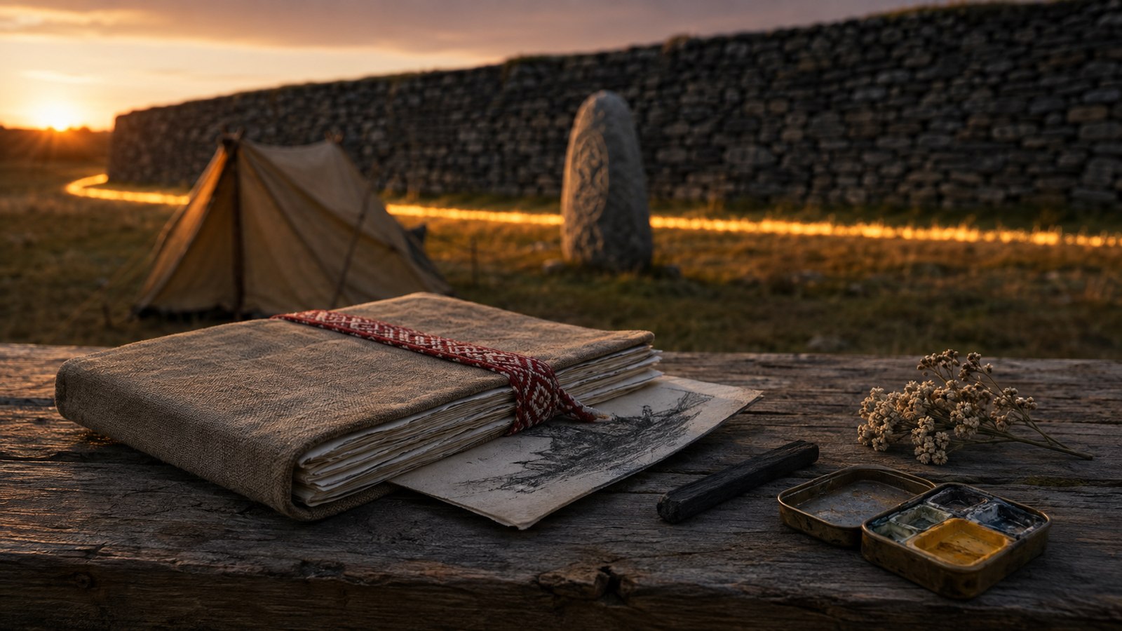 A weathered field journal tied with a red-and-white woven band, lying on a camp table before the wall at dusk